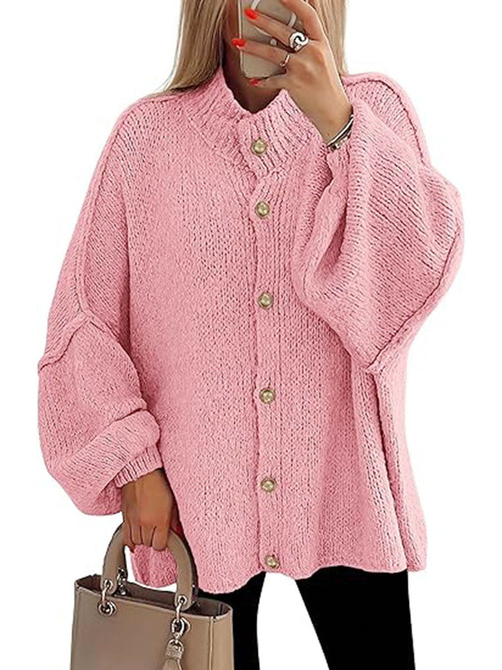 Cozy button-down long sleeve chunky knit jacket in pink with gold buttons