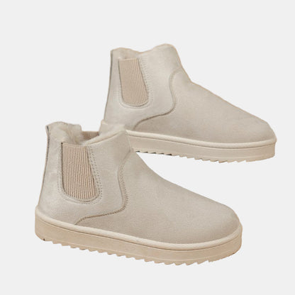 Off-white cozy ankle boots with faux fur trim, elastic side gusset, grippy sole