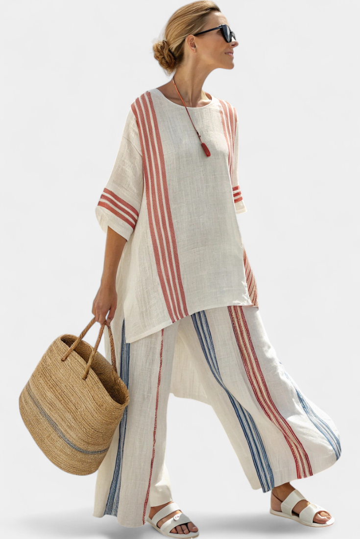 Two-piece set with striped off-white top and wide-leg trousers, red and blue vertical stripes