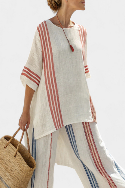 Red-striped linen tunic top with loose fit and striped trousers, side view