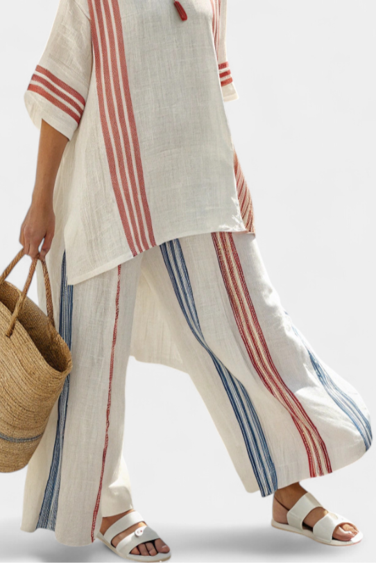 Striped linen tunic top with red vertical stripes and matching striped trousers