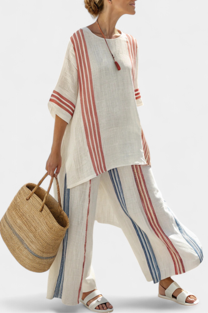 Loose red-striped linen tunic top with matching blue-red striped trousers
