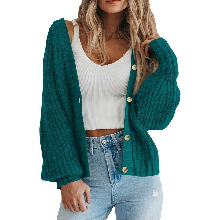 JASMINA™ knit cardigan, teal/peacock green open front with wood-tone buttons