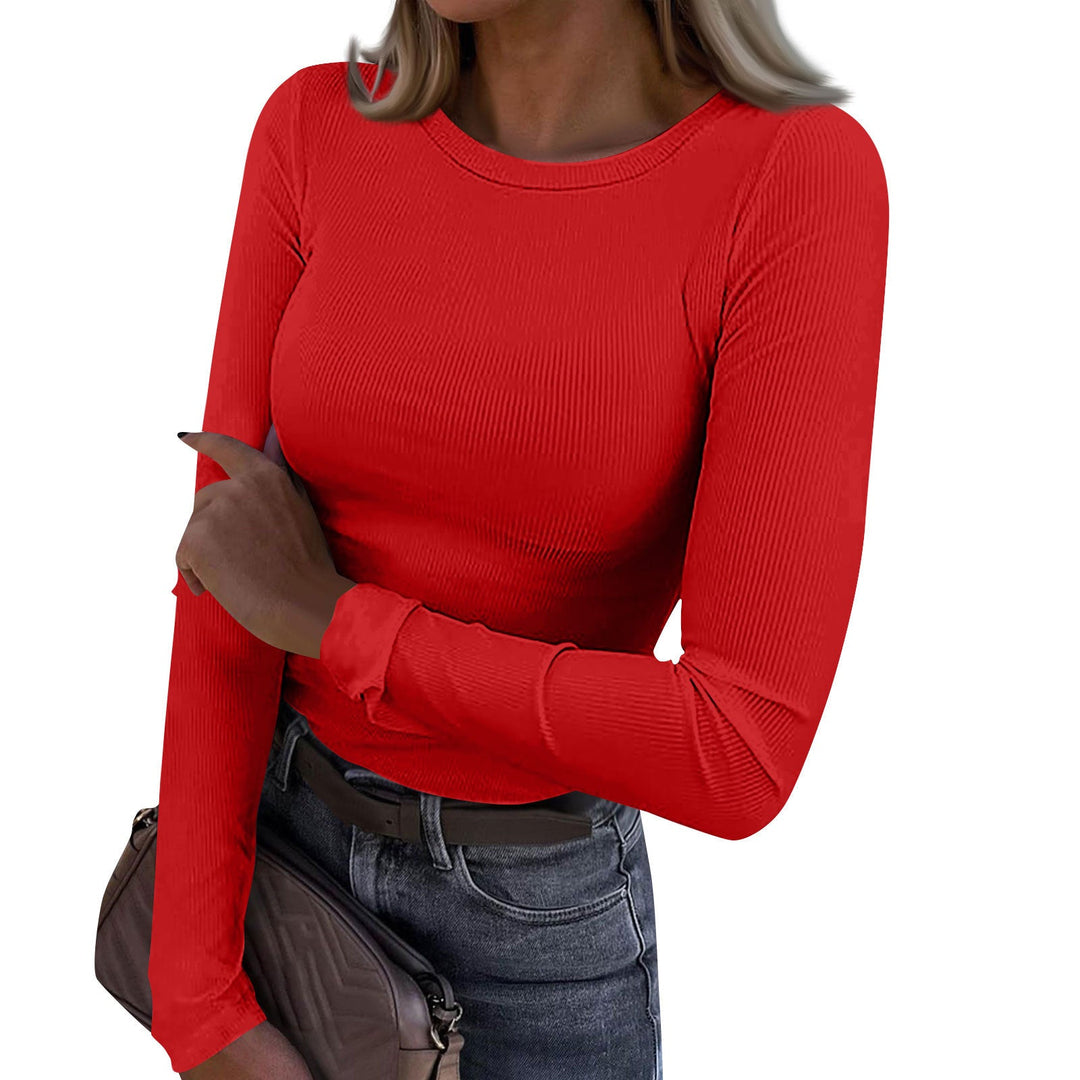 Casual crewneck ribbed long-sleeve top in red, fitted fit, stretchy knit texture.