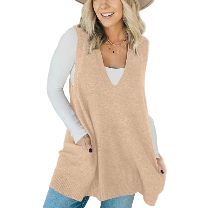 Camel knit sleeveless tunic vest with V-neck and side pockets, hip-length hem