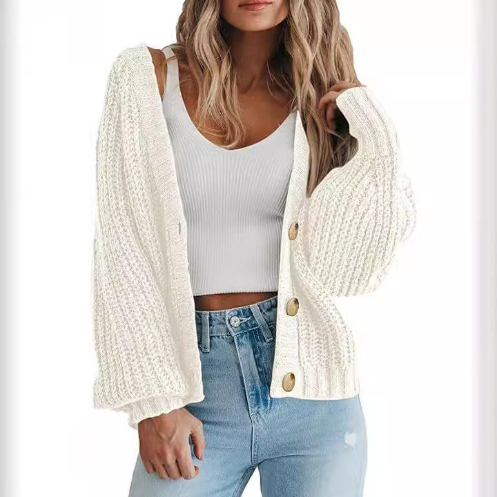 Cozy knit cardigan sweater, off-white, open front with button placket and ribbed cuffs
