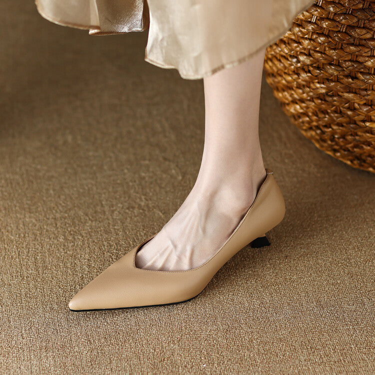 Beige pointed-toe pumps with low block heel