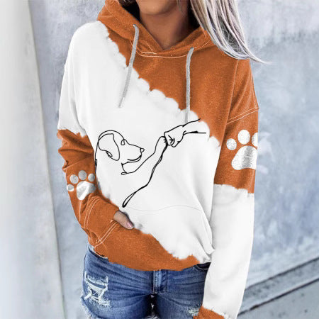 Orange and white dog graphic pet hoodie with pouch pocket, drawstring hood, paw-print sleeves