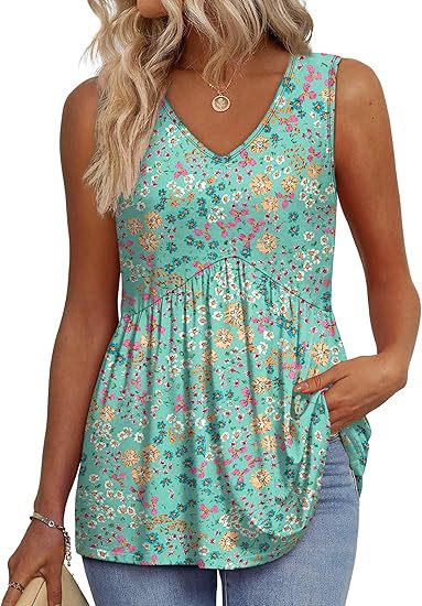 Teal green floral print sleeveless V-neck flowy tank top with gathered waist and ruffles
