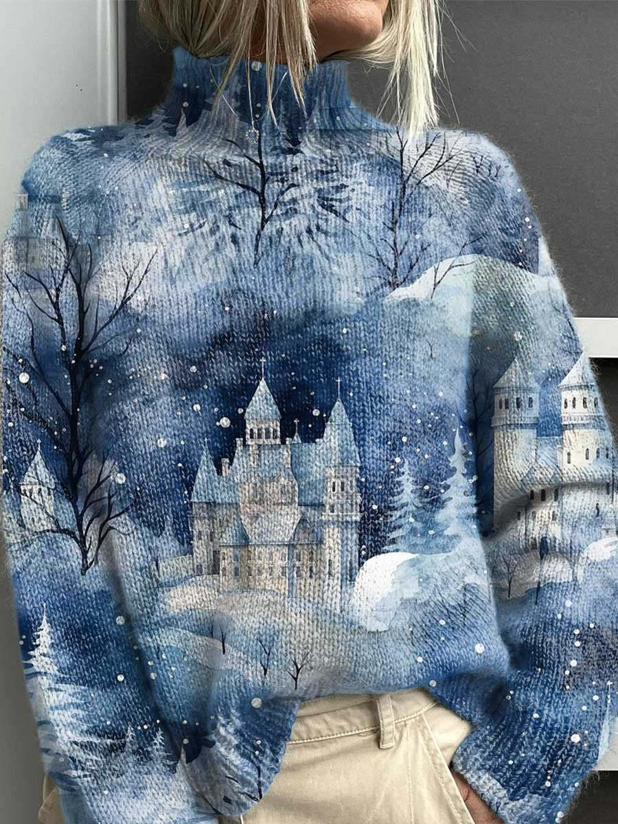 Turtleneck sweater in denim blue with snowy village print and starry dots