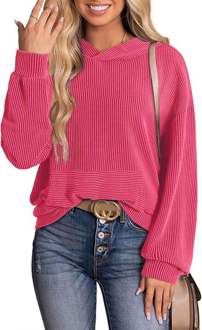 Rose red long-sleeve hoodie with hood and ribbed cuffs, kangaroo pocket