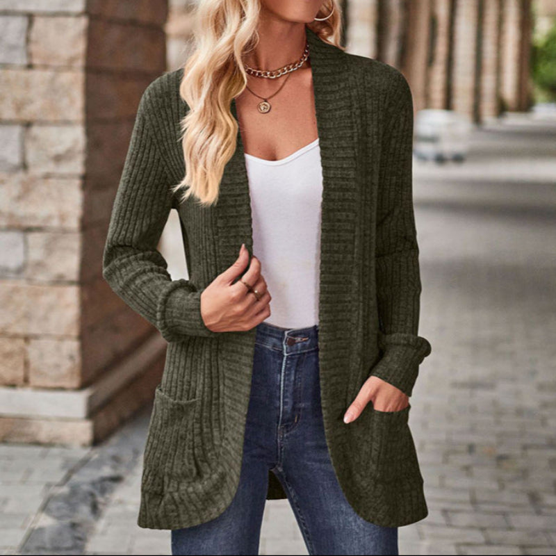 Green lightweight open-front cardigan with long sleeves, patch pockets, ribbed knit