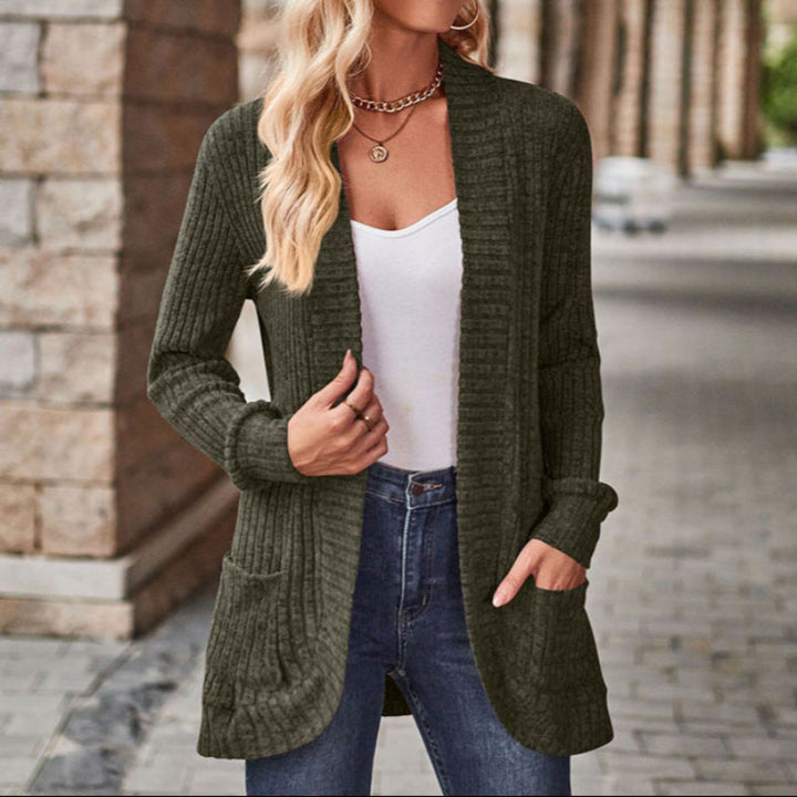 Green lightweight open-front cardigan with long sleeves, patch pockets, ribbed knit