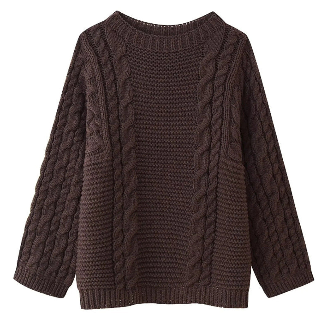 Dark coffee cable knit sweater, loose fit, crew neckline, ribbed cuffs and hem