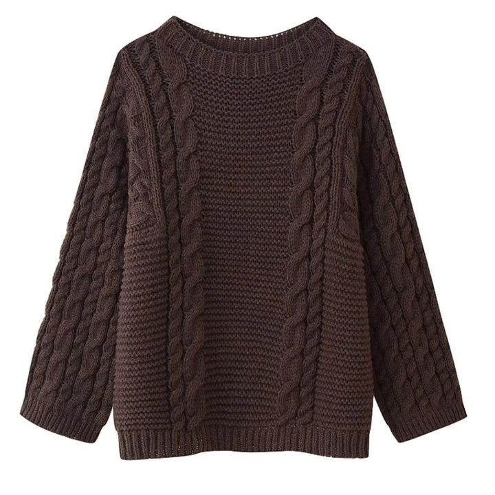 Dark coffee cable knit sweater, loose fit, crew neckline, ribbed cuffs and hem