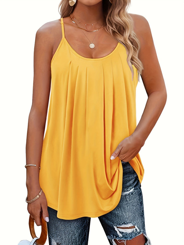 Women’s lightweight spaghetti-strap top, gold, scoop neck, pleated front, draped hem
