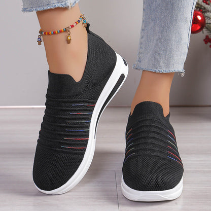 OLIVIA comfortable sneakers, black knit slip-on with multicolor stripes and white sole
