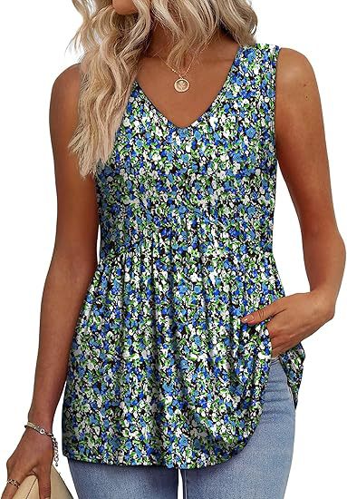 Blue green speckled floral sleeveless V-neck flowy tank top with gathered waist and ruffles
