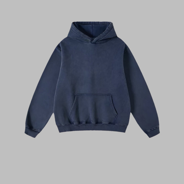 Blue oversized hoodie with hood and front kangaroo pocket, ribbed cuffs and hem