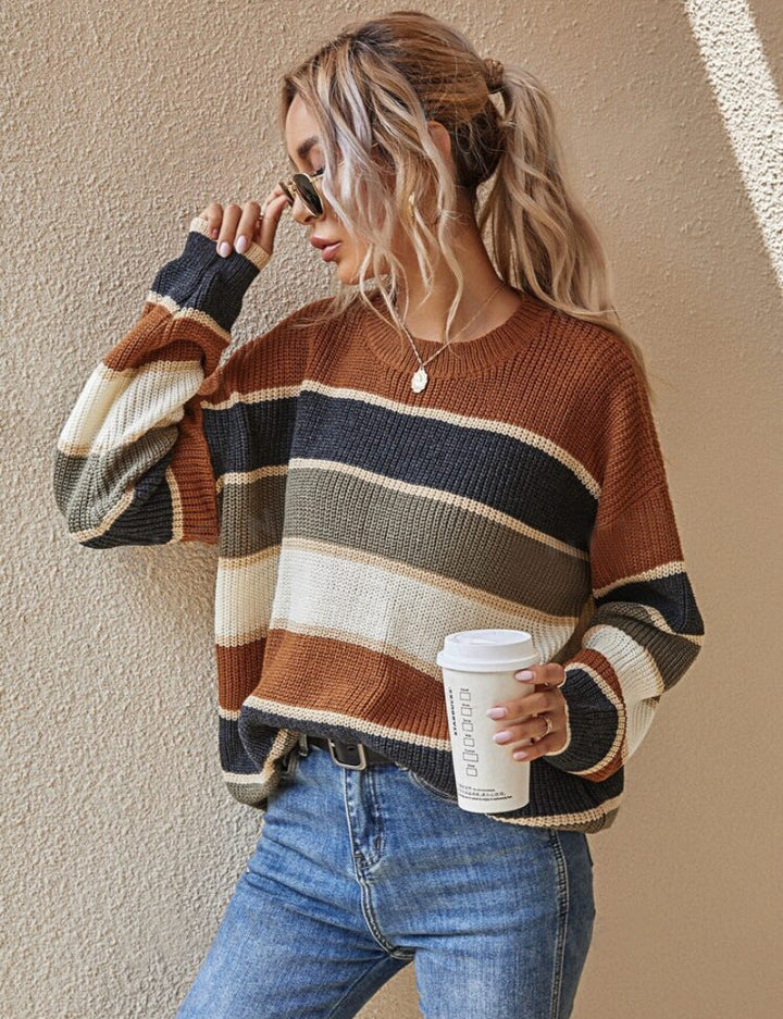 Rust brown gray cream striped long-sleeve sweater with crew neck, ribbed cuffs and hem