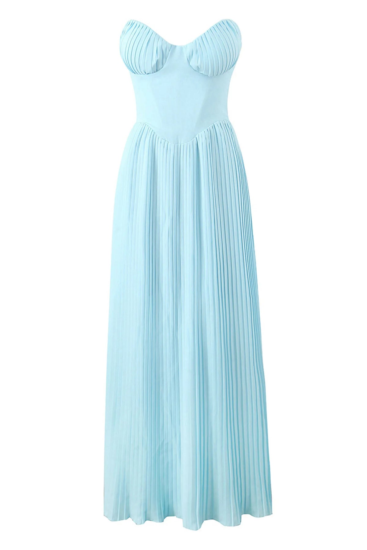 Light blue strapless maxi dress with sweetheart neckline and pleated full skirt