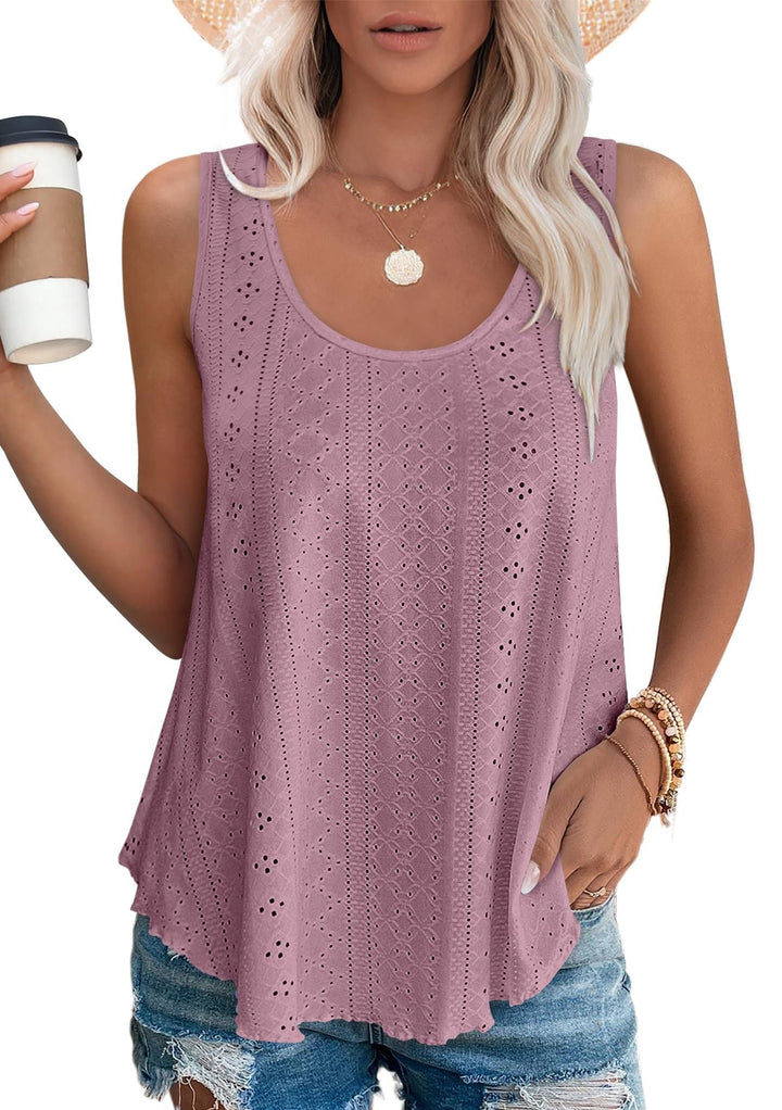 Lotus pink lightweight summer tank top with scoop neck and eyelet detail, sleeveless
