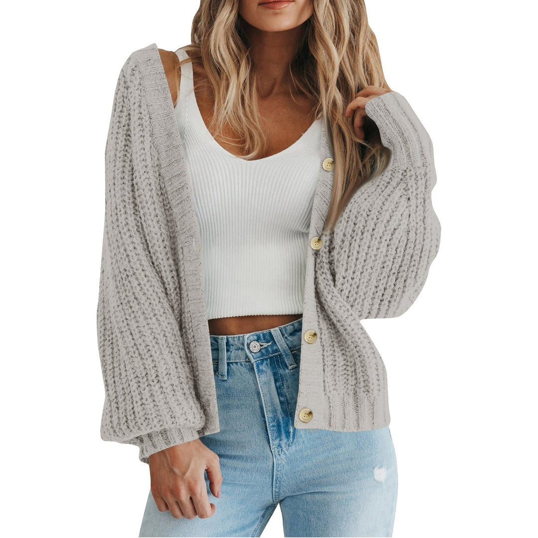 JASMINA™ knit cardigan, light gray open front with wood-tone buttons