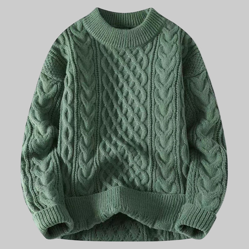 Green textured cable-knit sweater with round crew neck, long sleeves, ribbed cuffs and hem