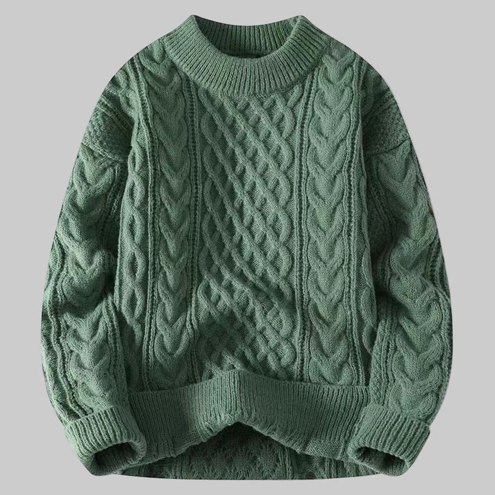 Green textured cable-knit sweater with round crew neck, long sleeves, ribbed cuffs and hem