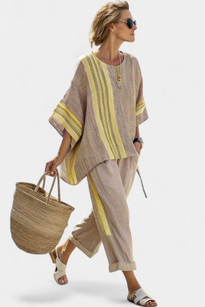 Taupe tunic top with lime striped trim and matching cropped trousers