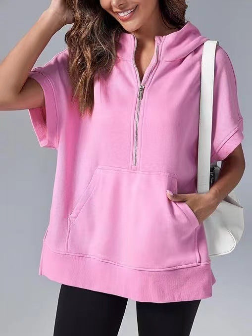 Pink relaxed oversized half-zip summer hoodie with hood and kangaroo pocket