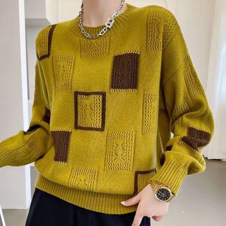 Elegant knit sweater, mustard yellow with brown and yellow square patches, long sleeves