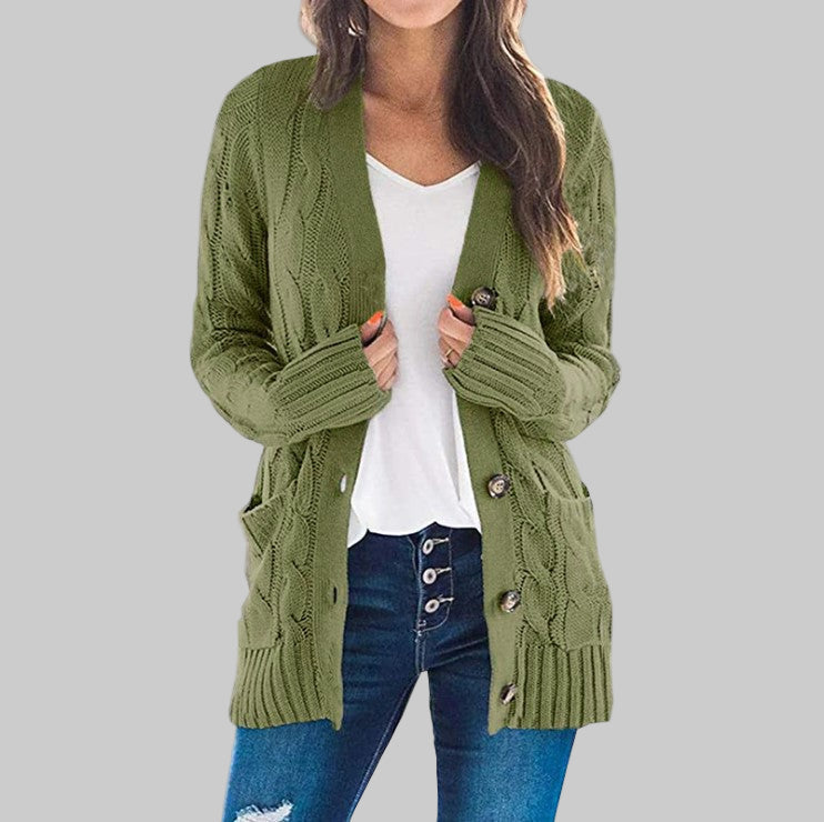 Green long-sleeve button cardigan with textured knit and ribbed cuffs, open front