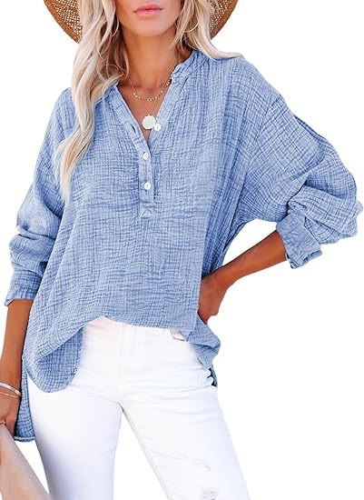Women’s casual V-neck blouse, long sleeves, button-front, textured sky-blue fabric