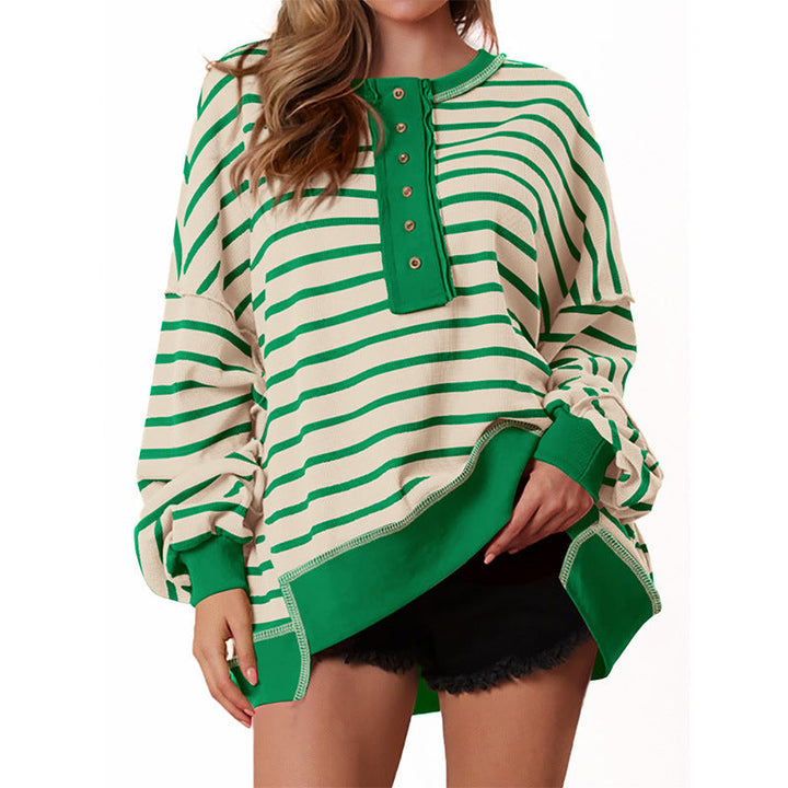 Oversized striped long-sleeve sweatshirt in green and white with button-front placket
