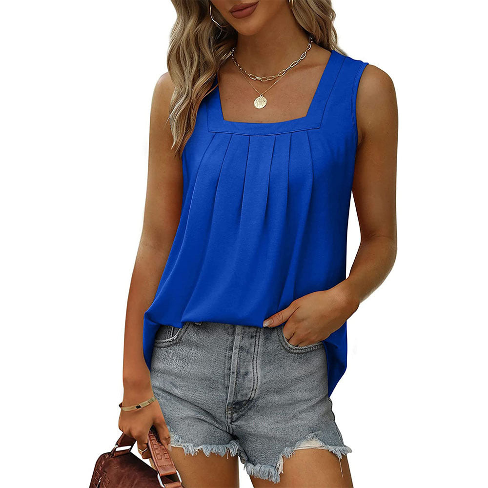 Blue sophisticated tank top with square neckline and pleated front