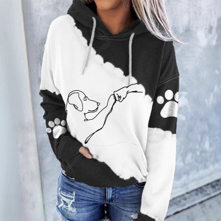Black and white dog graphic pet hoodie with pouch pocket, drawstring hood, paw-print sleeves
