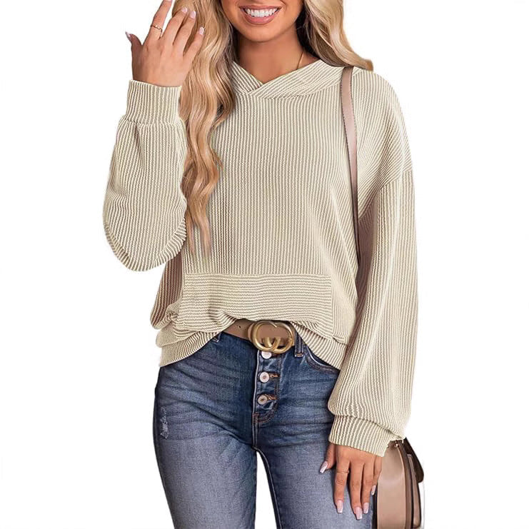 Apricot long-sleeve hoodie with hood and ribbed cuffs, kangaroo pocket