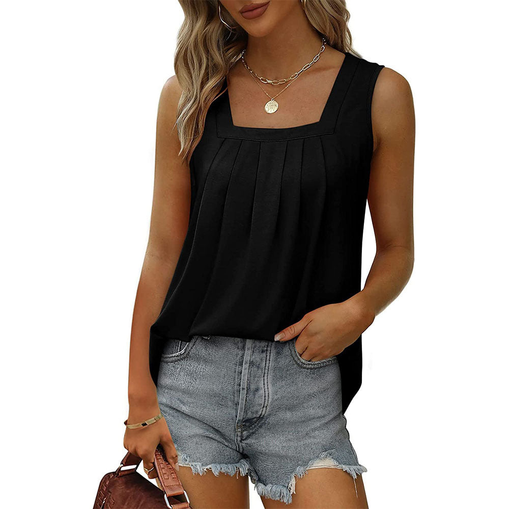 Black sleeveless tank top with square neckline and pleated front