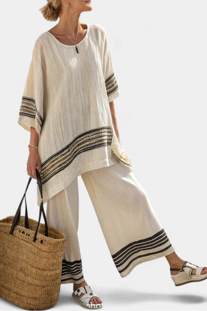 Linen tunic top and wide-leg trousers set with dark striped trim, loose fit