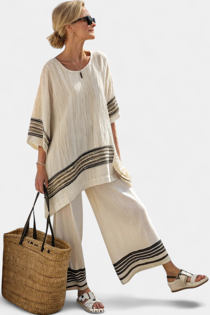 Two-piece set with striped beige top and wide-leg trousers, black trim and stripes