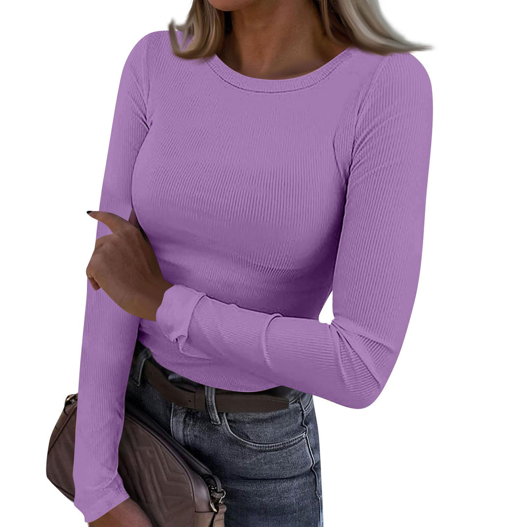 Casual crewneck ribbed long-sleeve top in lavender, fitted fit, stretchy knit texture.