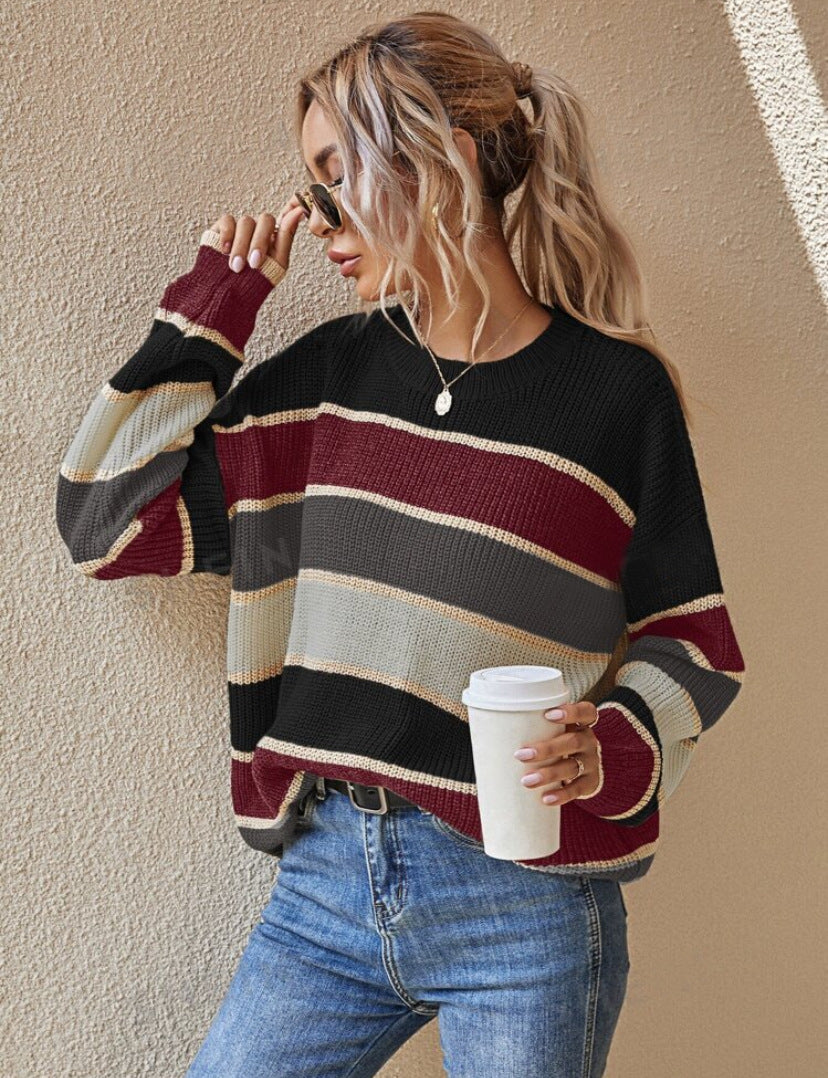 Burgundy black cream striped long-sleeve sweater with crew neck, ribbed cuffs and hem