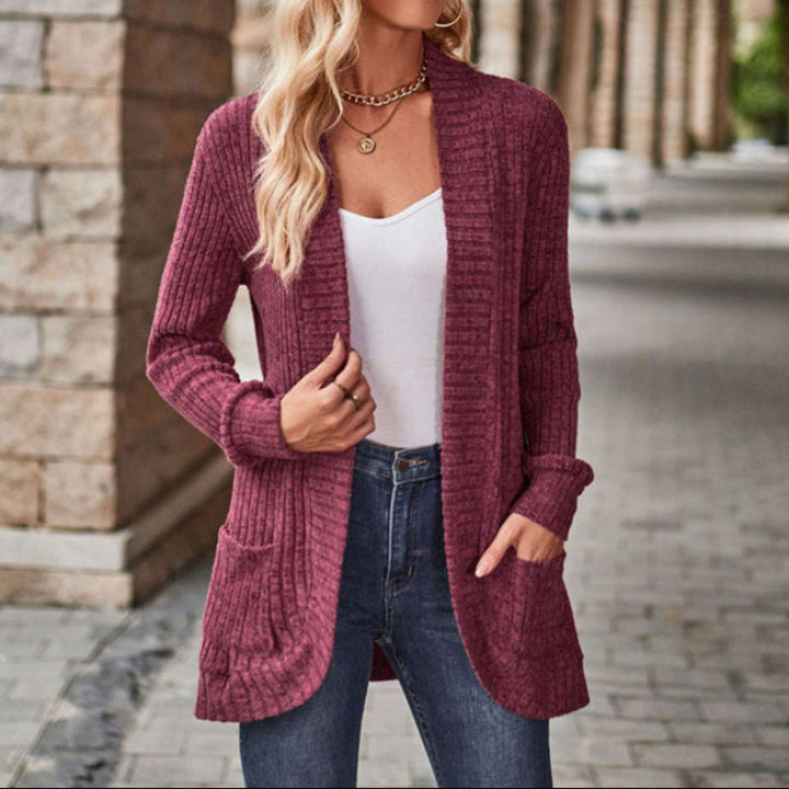 Claret lightweight open-front cardigan with long sleeves, patch pockets, ribbed knit
