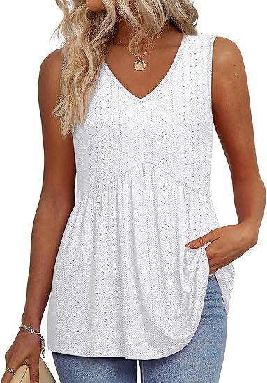 White textured sleeveless V-neck flowy tank top with gathered waist and ruffled hem