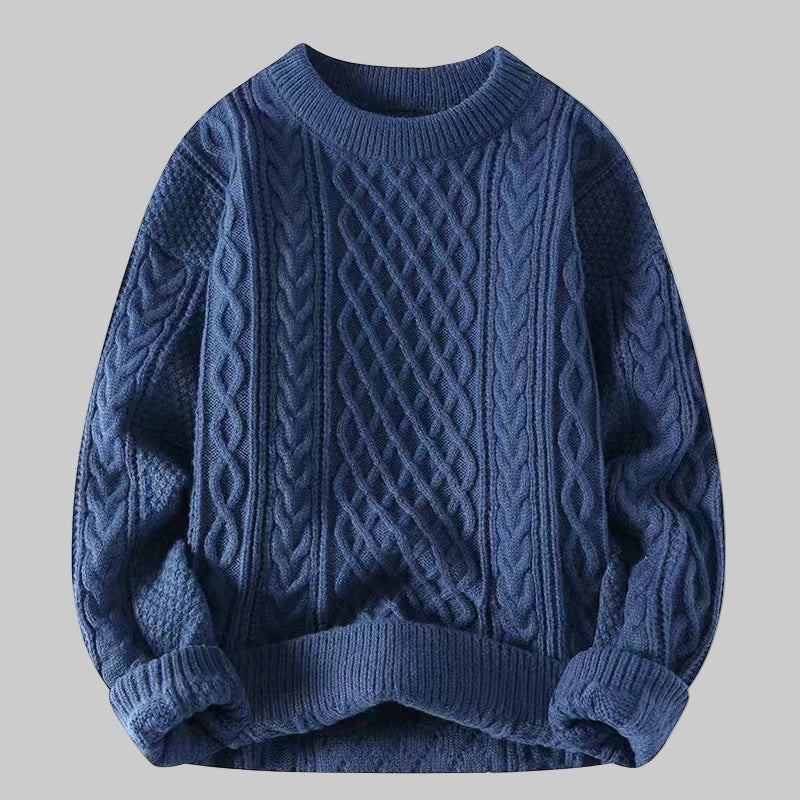 Blue textured cable-knit sweater, round crew neck, long sleeves, ribbed cuffs and hem