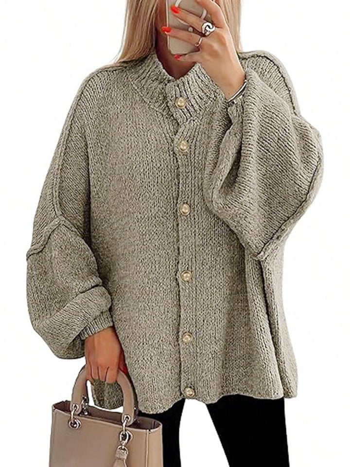 Cozy button-down long sleeve chunky knit jacket in gray-beige with gold buttons