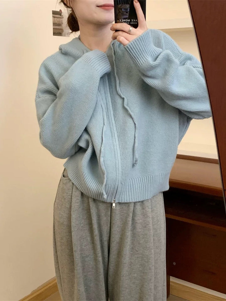 Hooded zip-up cardigan with ribbed trim, light blue knit sweater