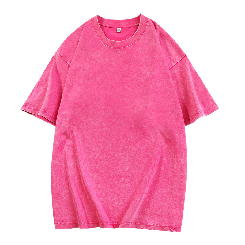 Rose red loose-fit crewneck top with short sleeves and ribbed neckline