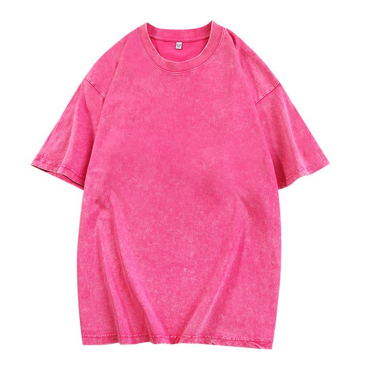 Rose red loose-fit crewneck top with short sleeves and ribbed neckline